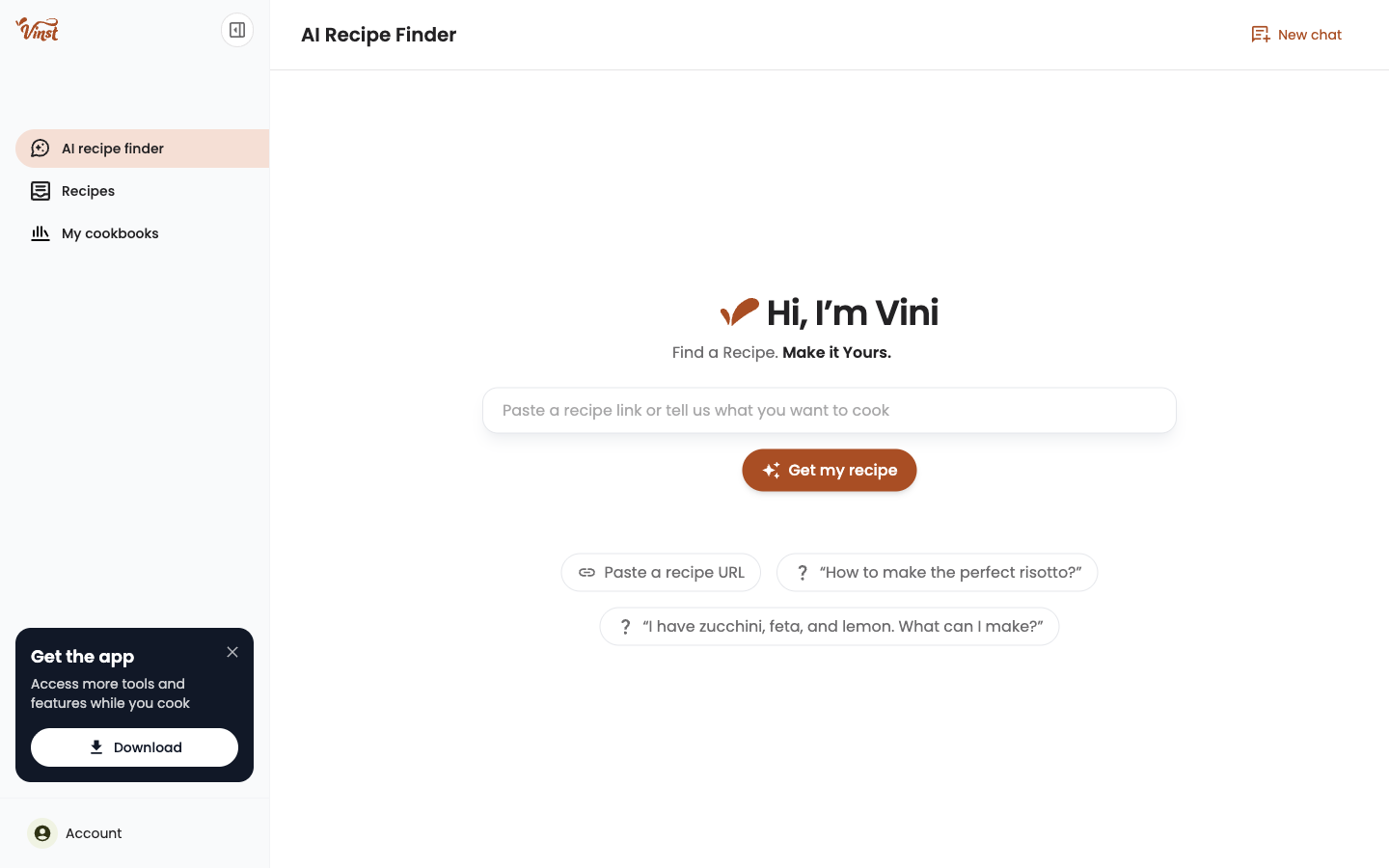 The AI Recipe Finder welcome screen on desktop, with the message box and suggested prompts