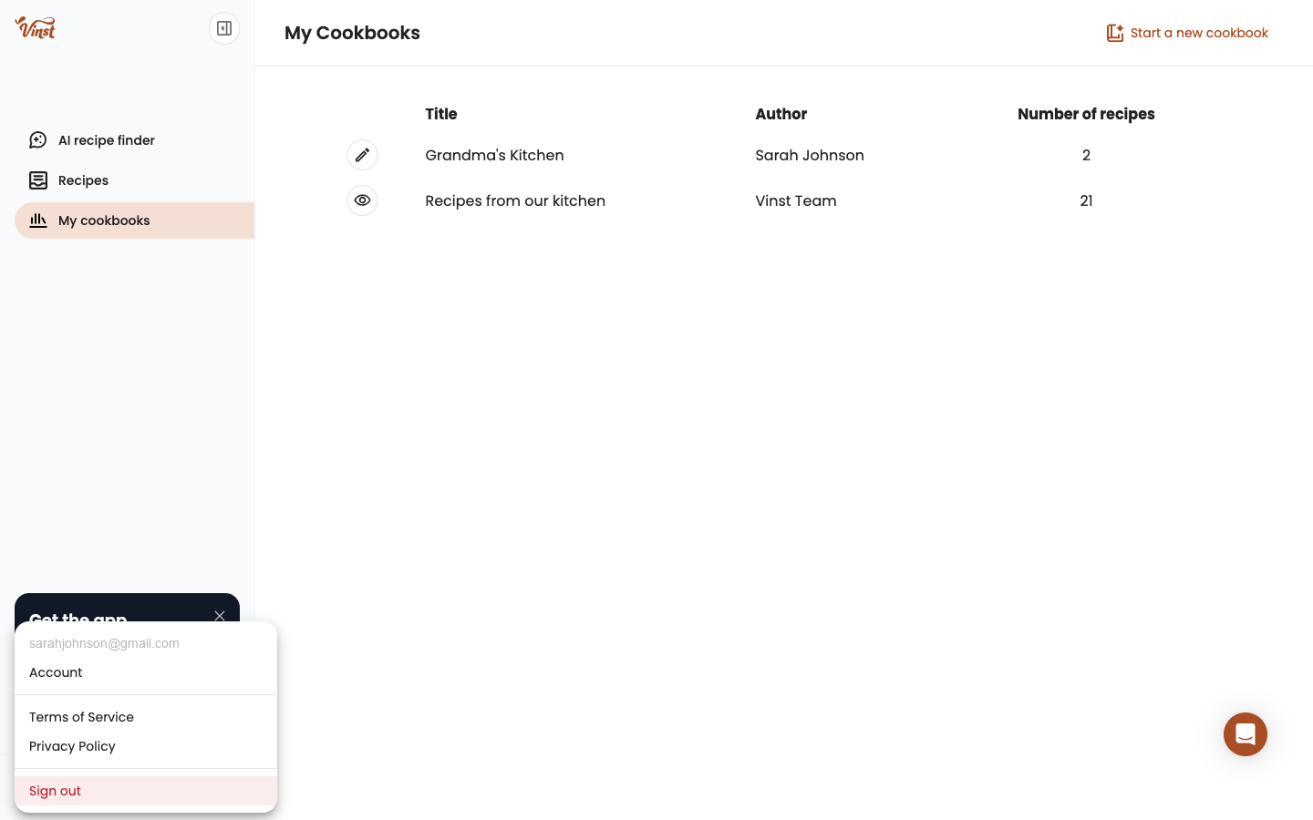Account menu showing Account, Terms of Service, Privacy Policy, and Sign out options