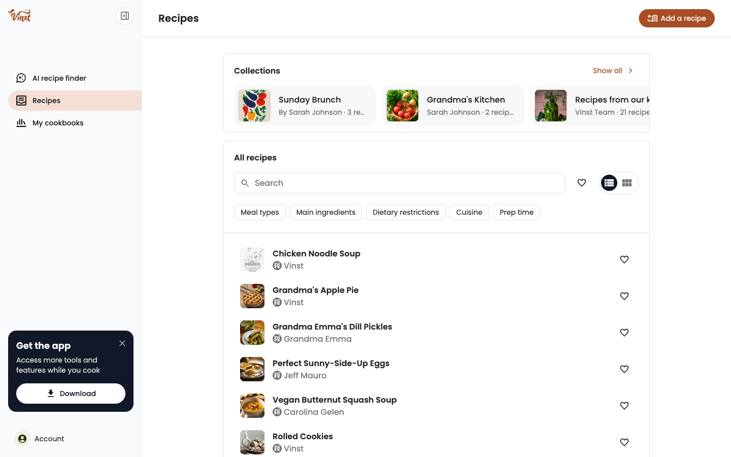 Recipe Box main page in list view