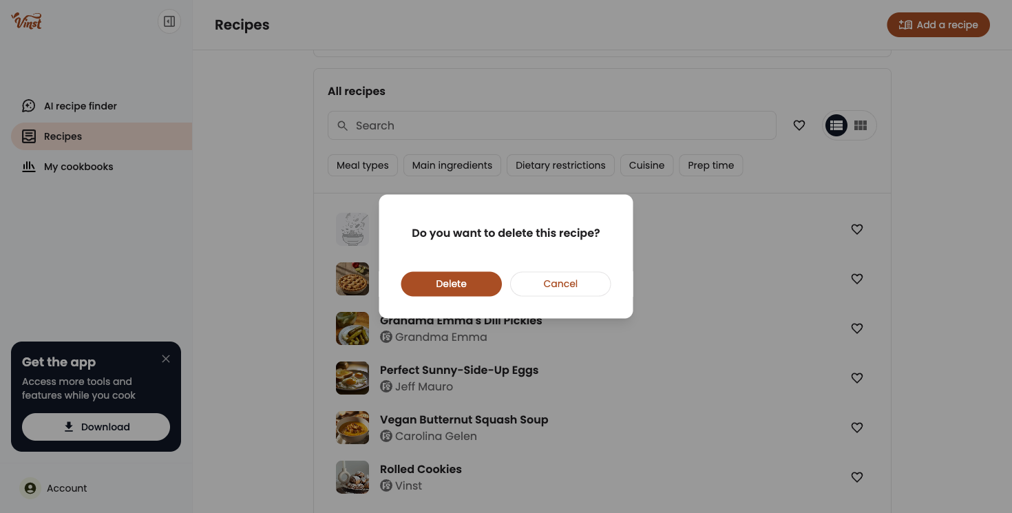 The delete confirmation dialog: "Do you want to delete this recipe?"