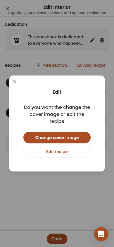 Tapping a recipe on mobile opens a chooser for changing its cover image or editing it