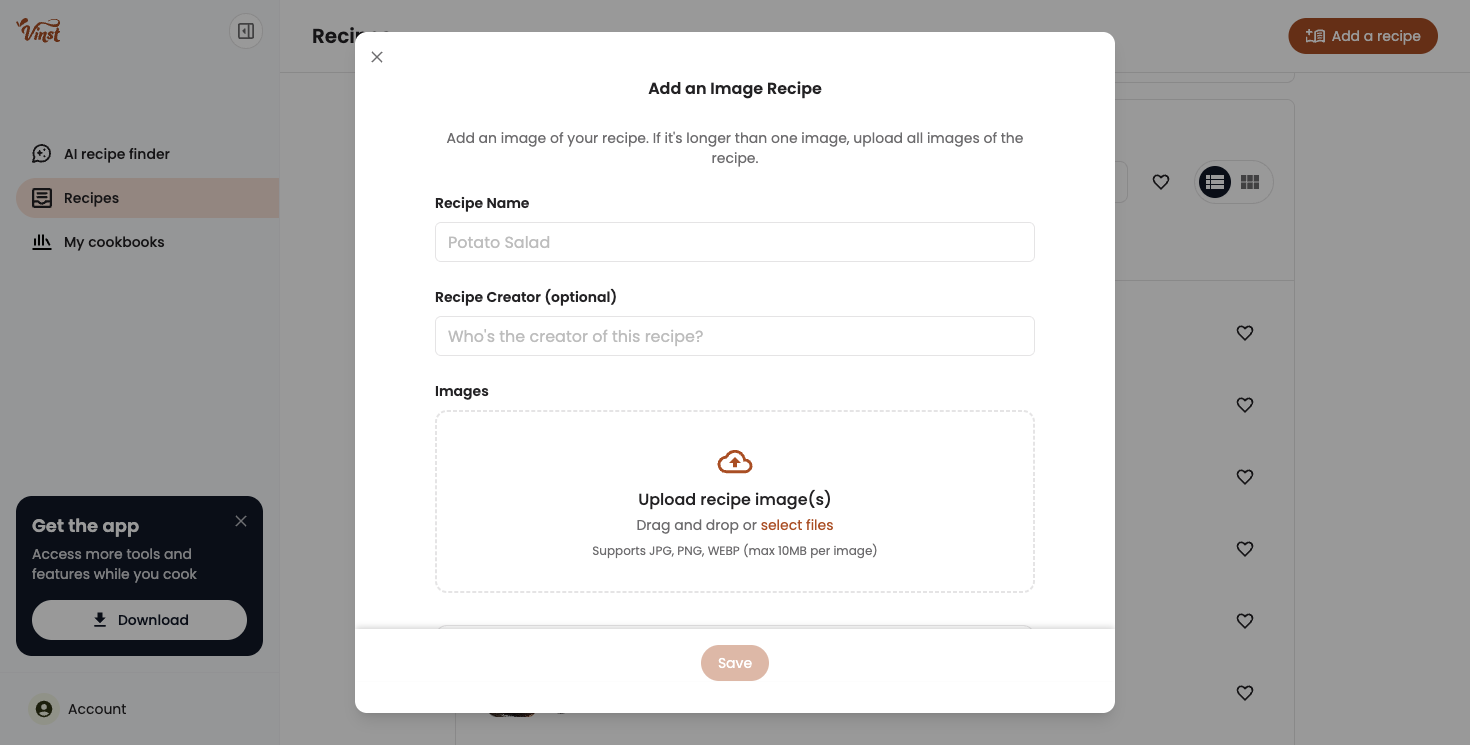 The Add an Image Recipe form, with Recipe Name, Recipe Creator, and an image upload area