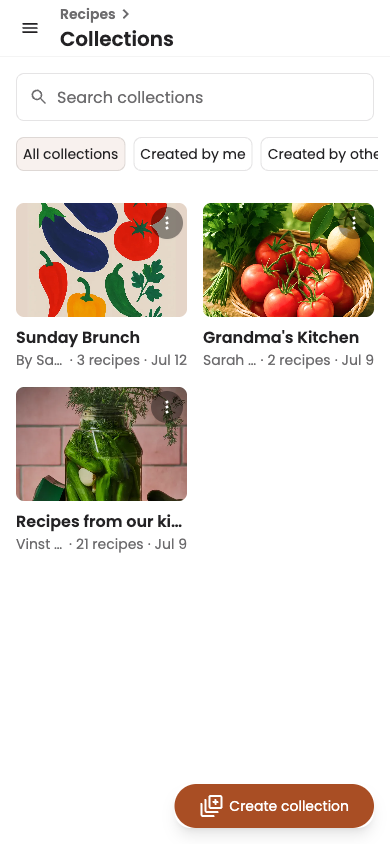My Collections grid page on mobile, with the floating Create collection button
