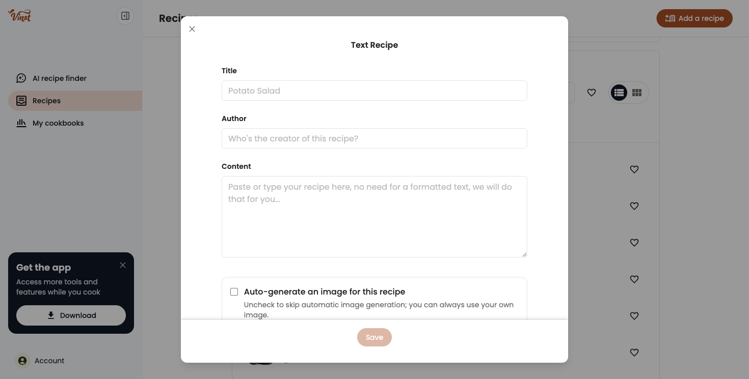 The Text Recipe form, with Title, Author, Content, and the auto-generate-image checkbox