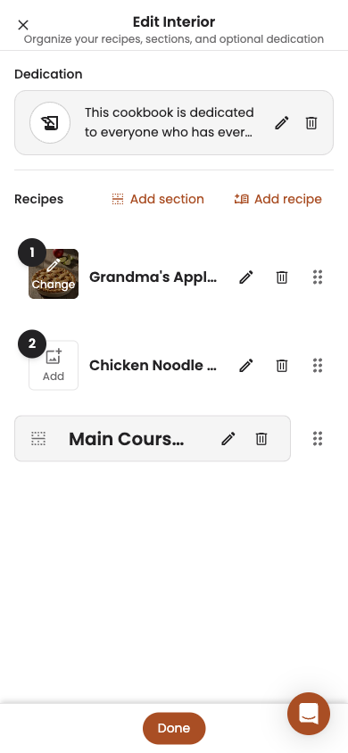 Edit Interior list on mobile, showing a section with recipes grouped underneath it
