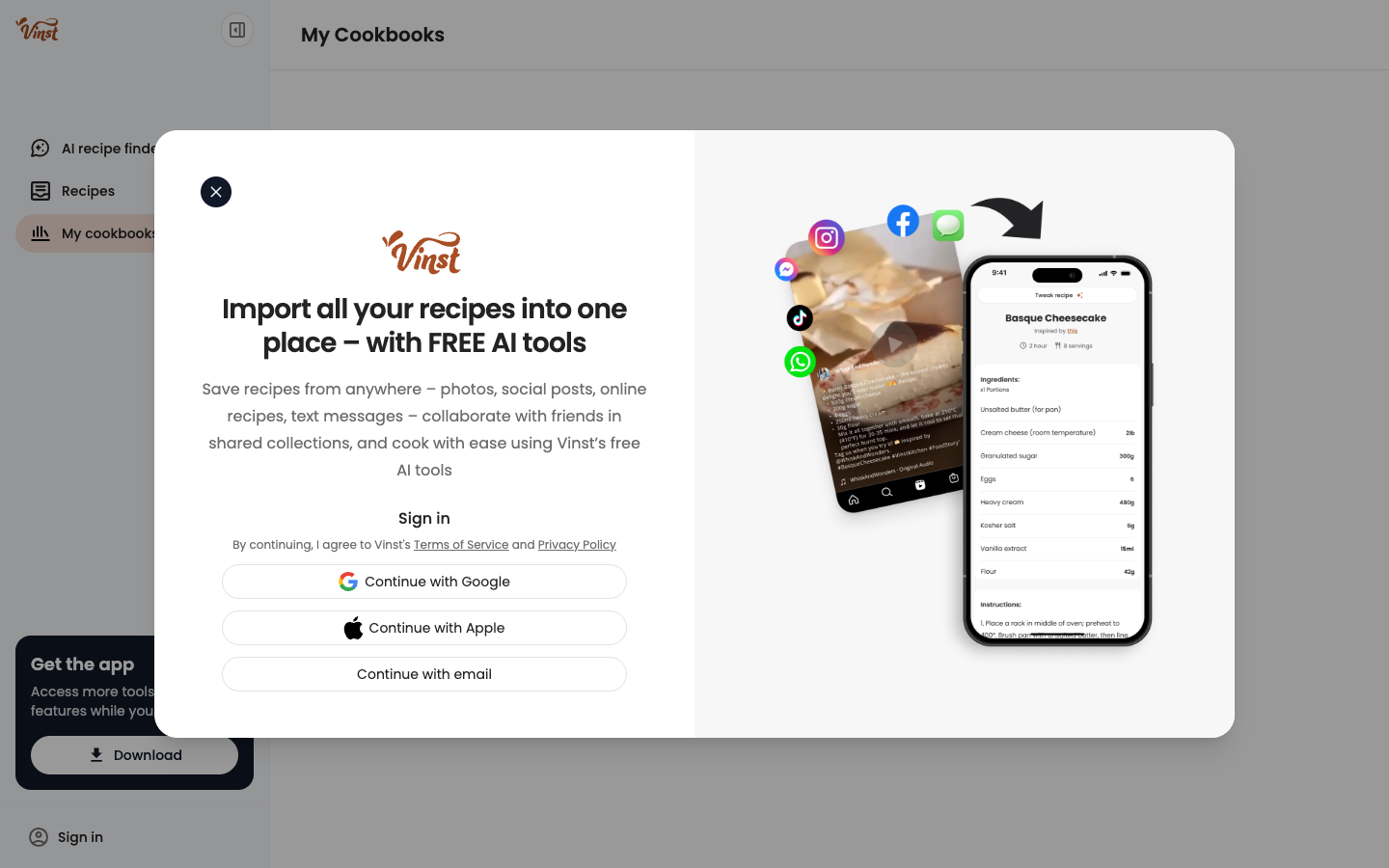 Login pop-up window appearing over the My Cookbooks page