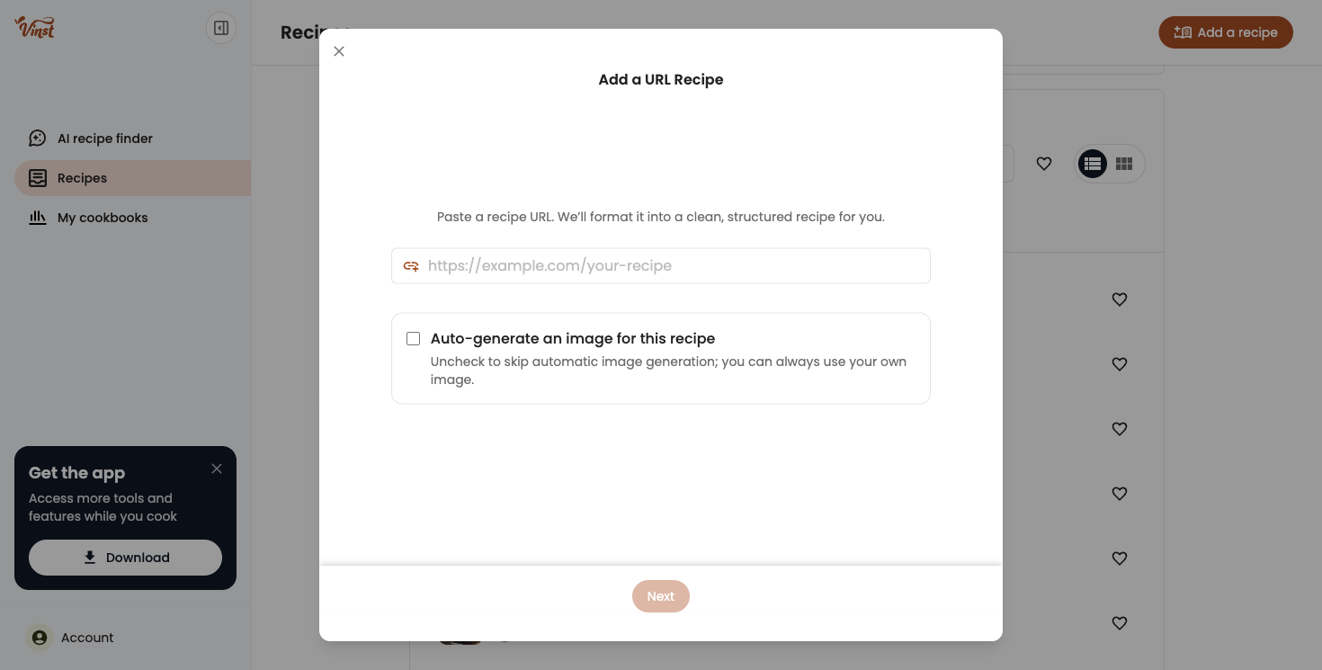 The Add a URL Recipe form, with a link field and the auto-generate-image checkbox