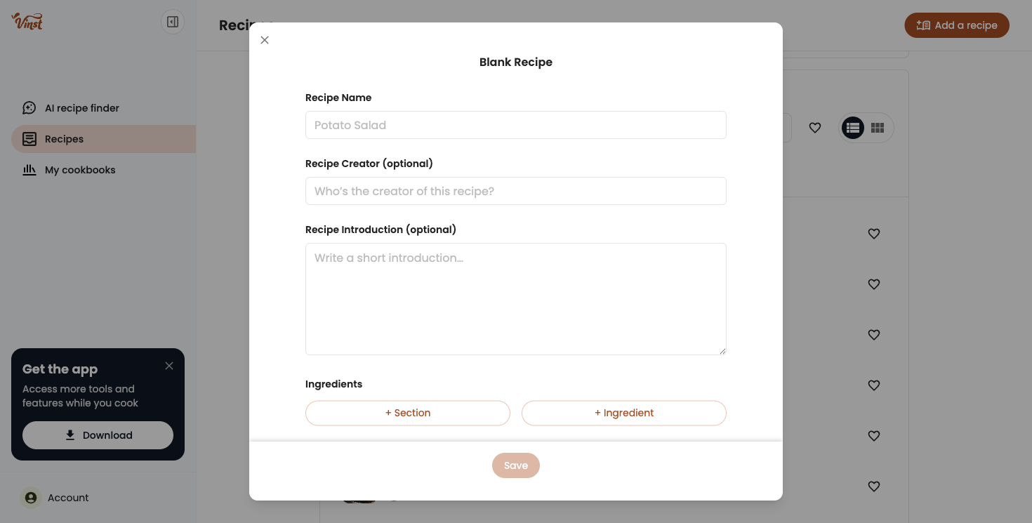 The Blank Recipe form, showing Recipe Name, Recipe Creator, Recipe Introduction, and Ingredients with Section/Ingredient buttons