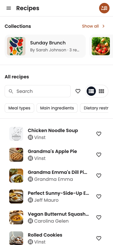 Recipe Box list view on mobile