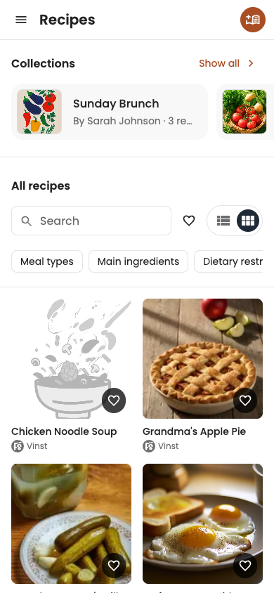 Recipe Box grid view on mobile, narrowed to 2 columns