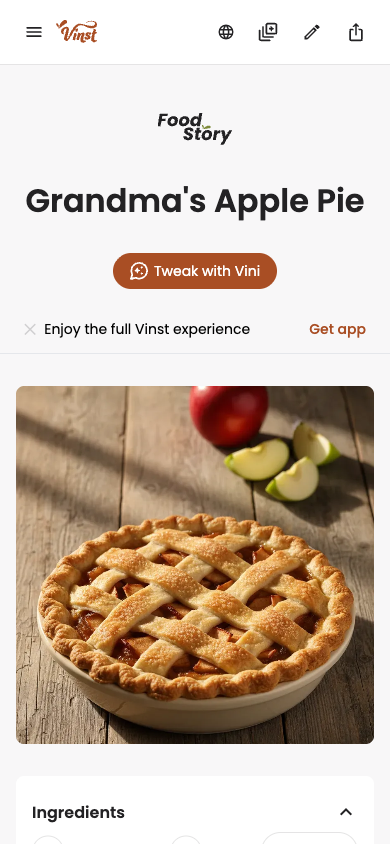 A recipe's Food Story page on mobile, with icon-only top bar actions and the Food Story logo moved into the header