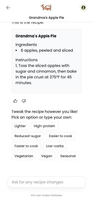 Tweak with Vini chat on mobile, with an icon-only Back button and a shortened disclaimer