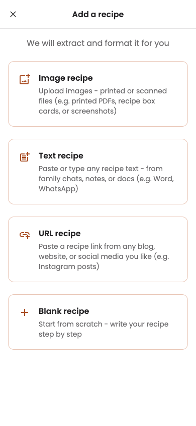 The "Add a recipe" type picker on mobile