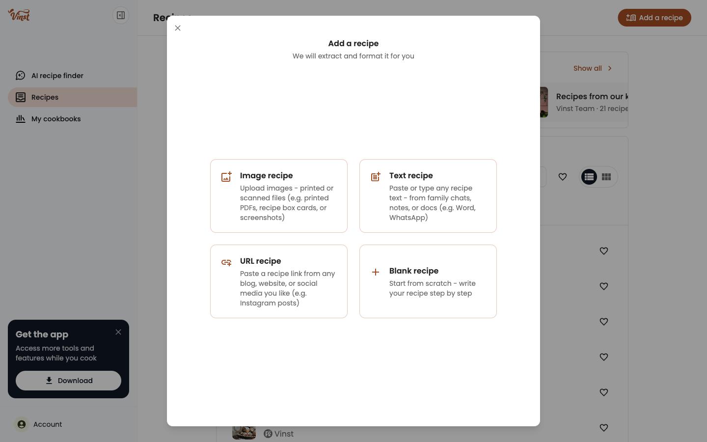 The "Add a recipe" type picker on desktop, showing Image, Text, URL, and Blank options