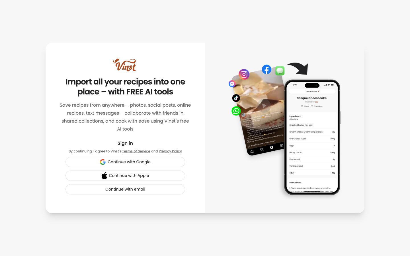 Sign-in screen with Continue with Google, Apple, and email options