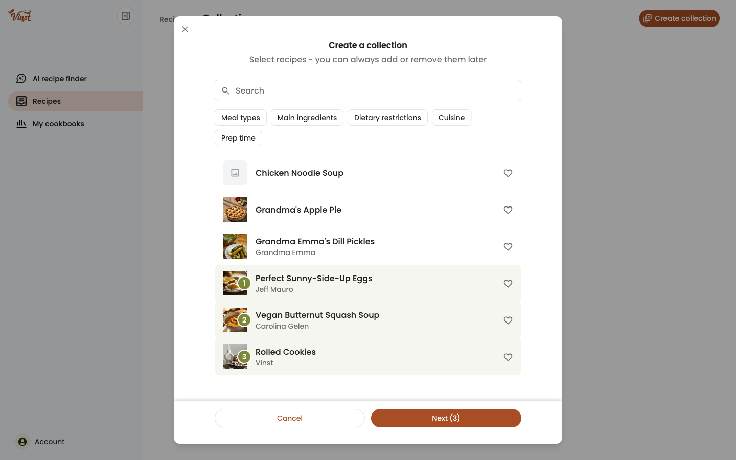 Create collection wizard - selecting recipes