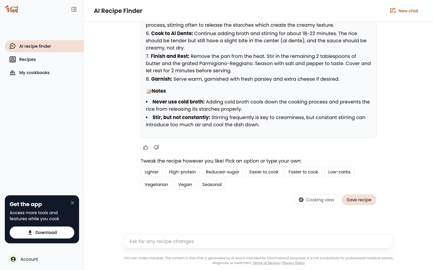 Feedback icons, tweak buttons, and action buttons under a recipe response