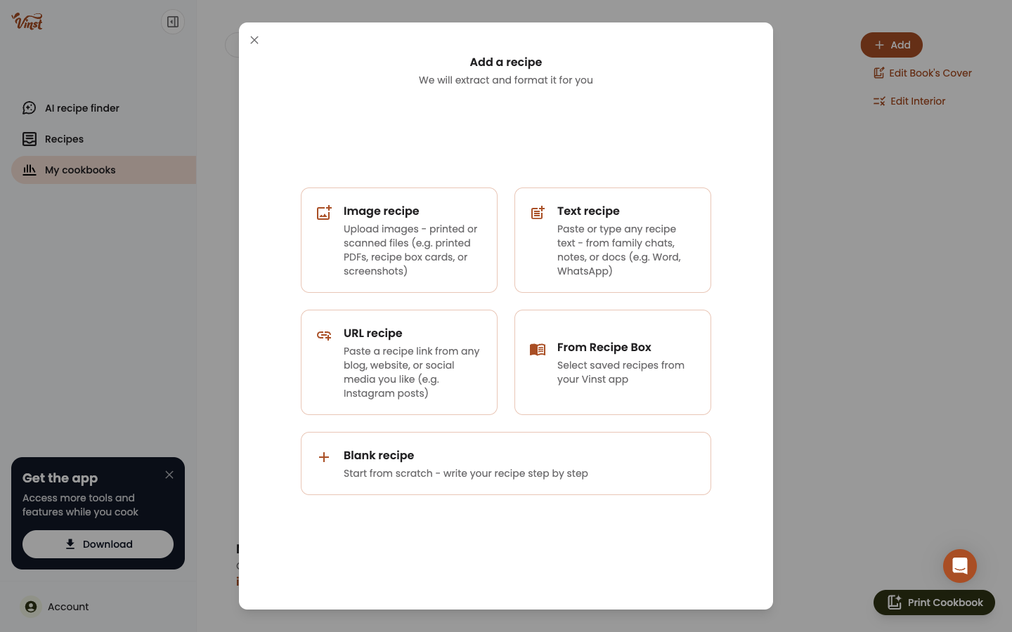 The "Add a recipe" type picker on desktop