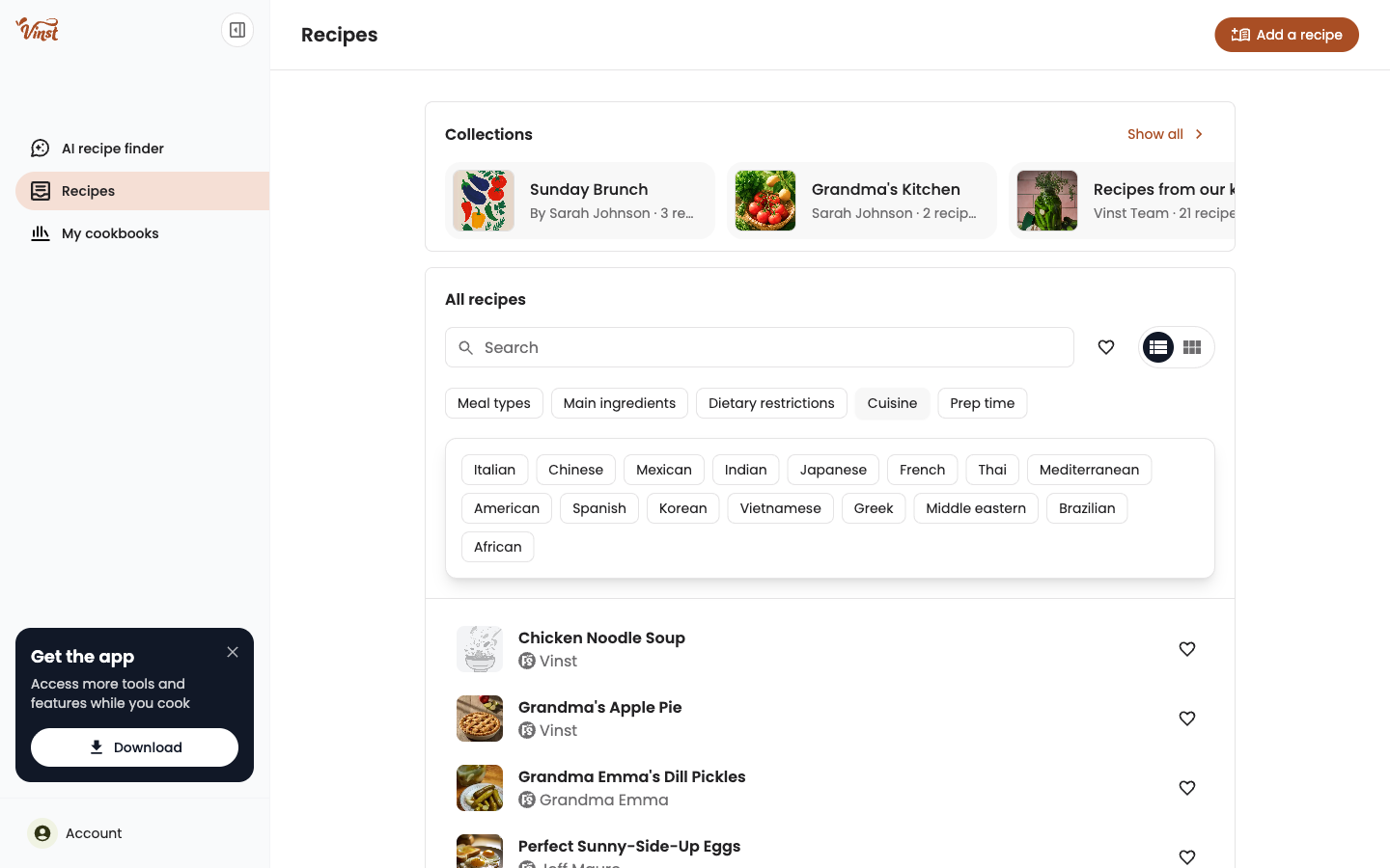 Category filters expanded, showing Cuisine subcategories