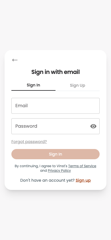 Sign in with email tab on mobile