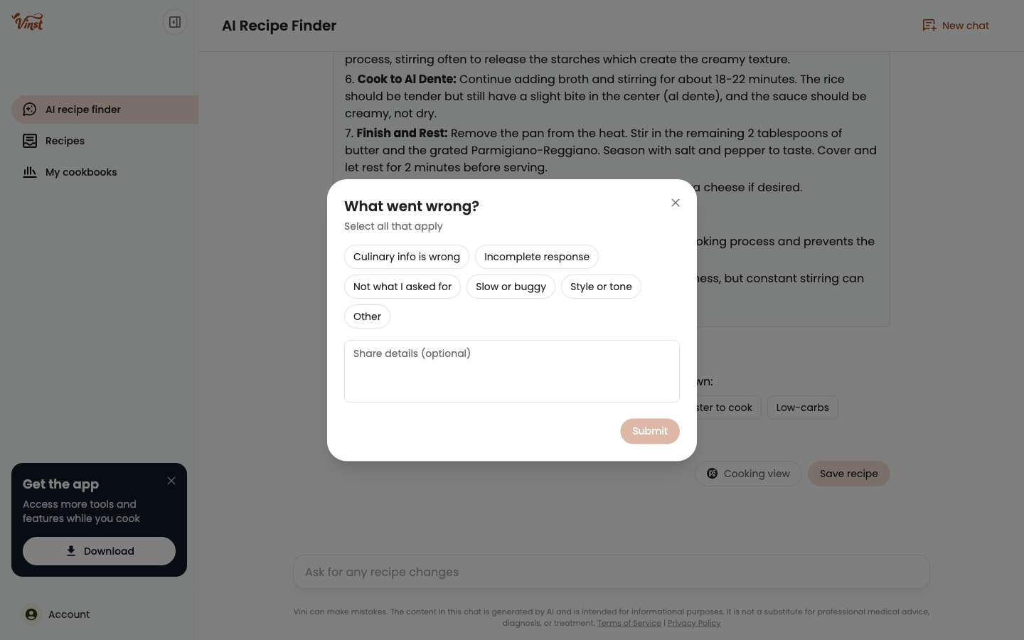 The "What went wrong?" feedback form on desktop, after clicking thumbs down