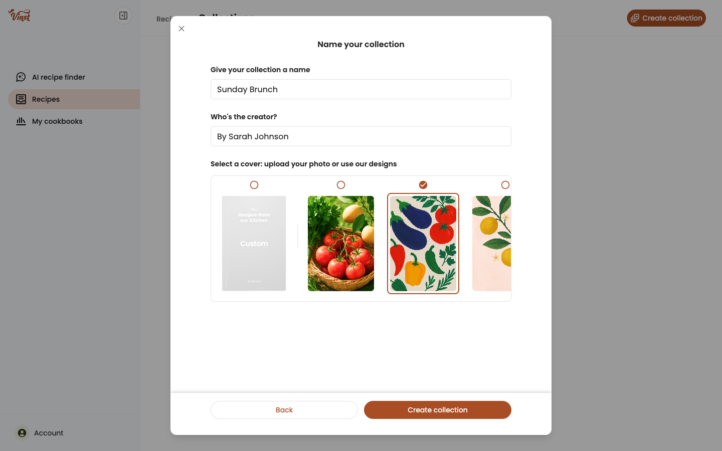 Create collection wizard - naming the collection and choosing a cover