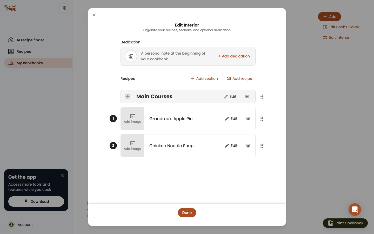 Edit Interior modal showing a section with recipes grouped underneath it