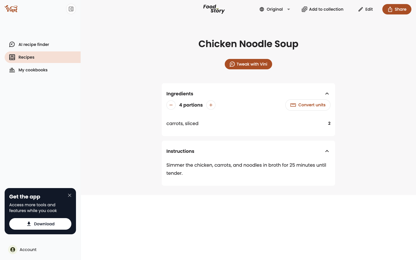 A recipe's Food Story page on desktop, showing the top bar with labeled actions