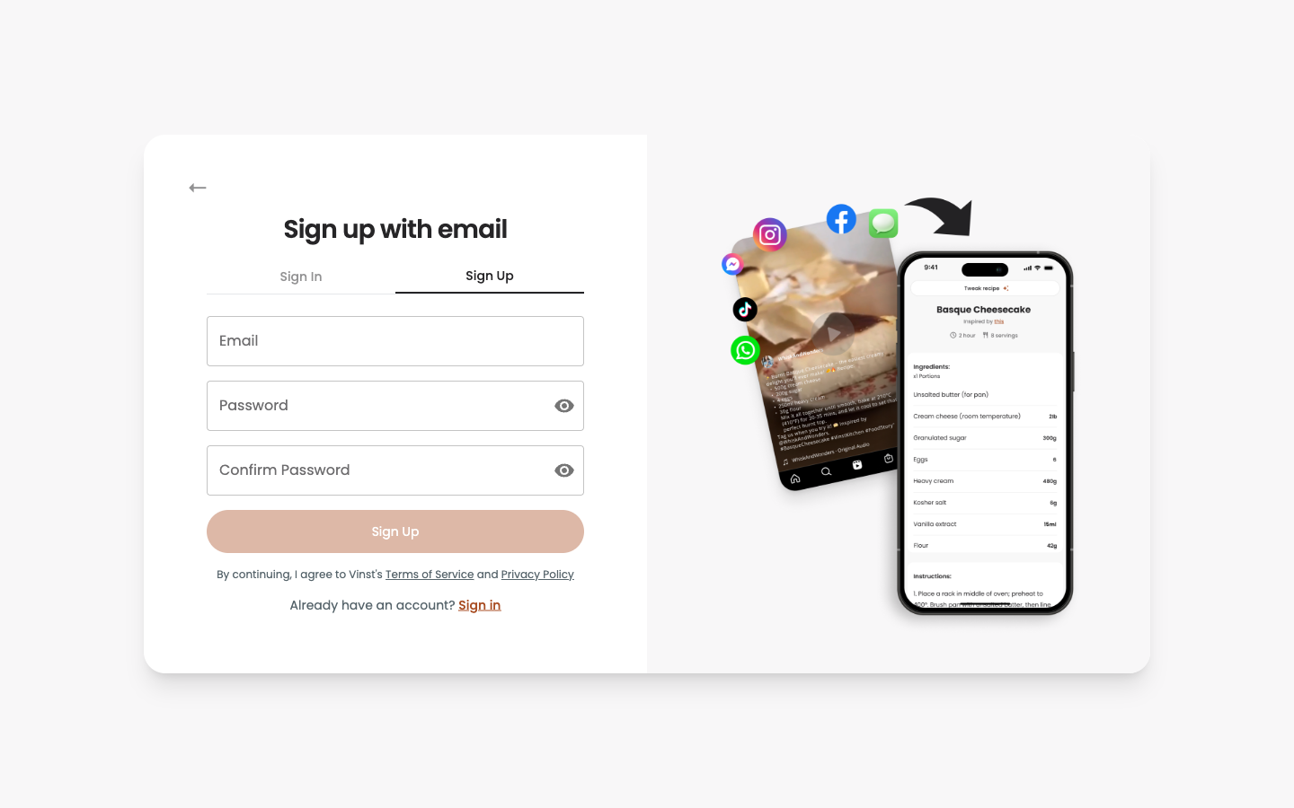 Sign up with email tab, showing email, password, and confirm password fields