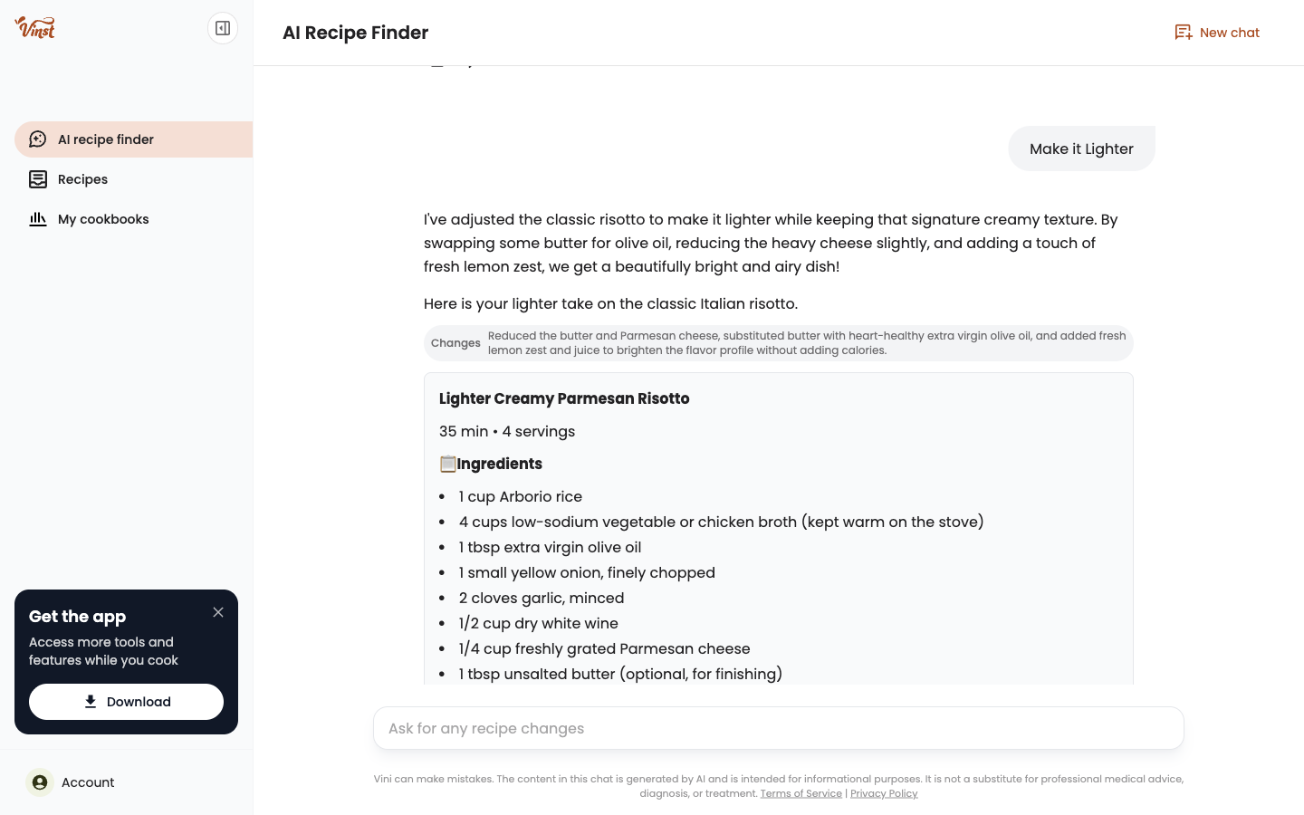 Vini's response after clicking "Lighter," showing the Changes summary and the updated recipe