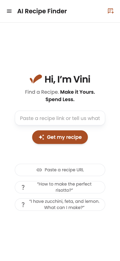 The AI Recipe Finder welcome screen on mobile, with stacked suggested prompts