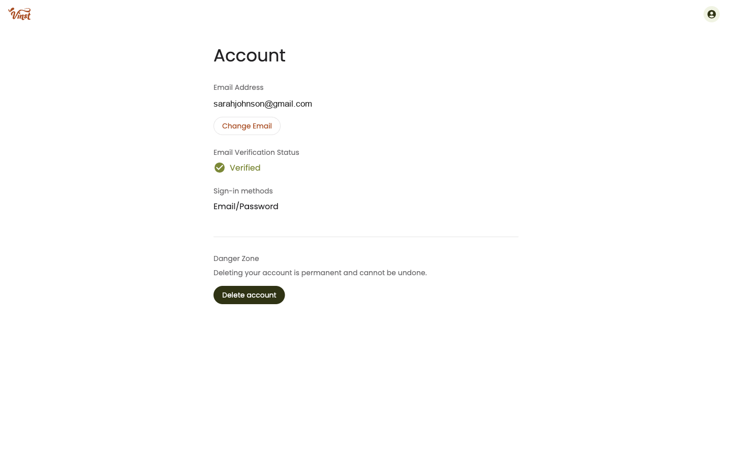 Account page showing email address, verification status, sign-in methods, and the Danger Zone