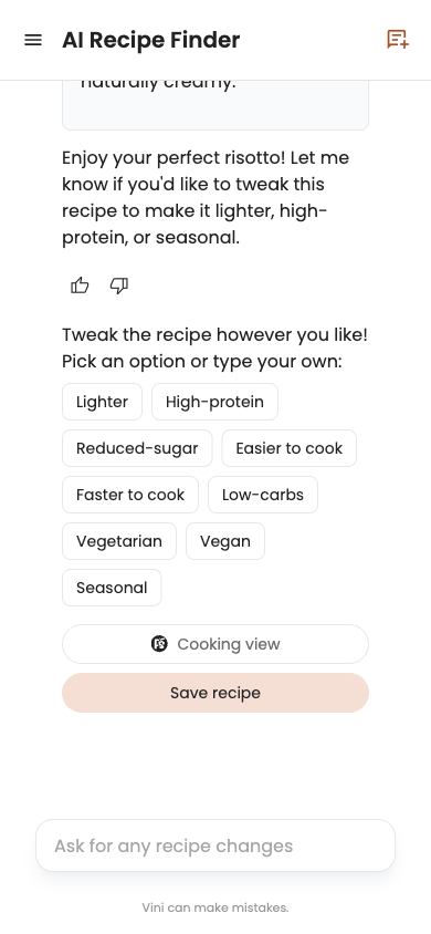 Feedback icons, tweak buttons, and action buttons under a recipe response on mobile, with Save recipe and Cooking view stacked full-width