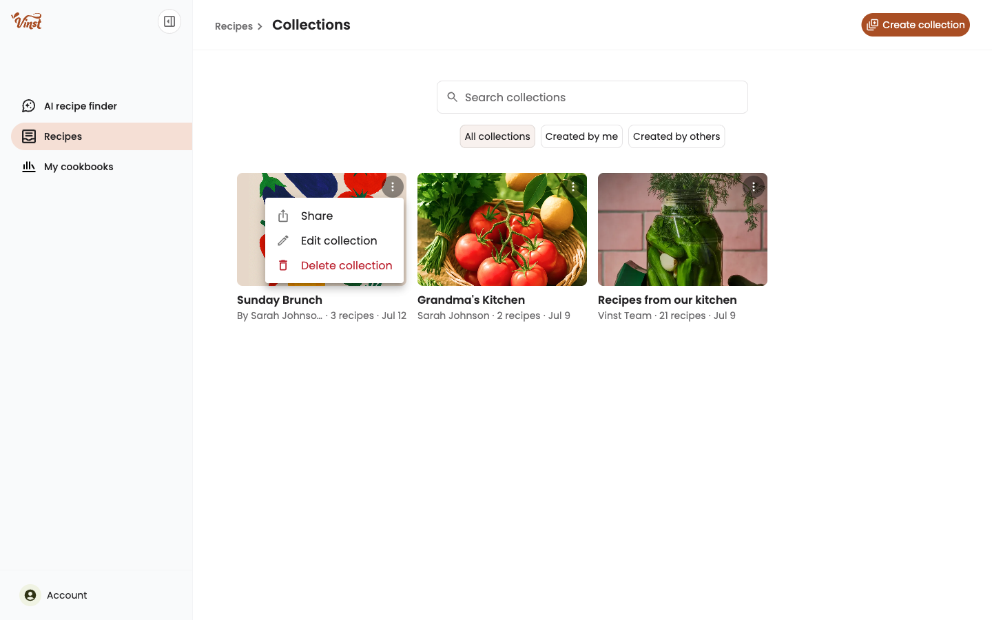 Collection card kebab menu showing Share, Edit collection, and Delete collection