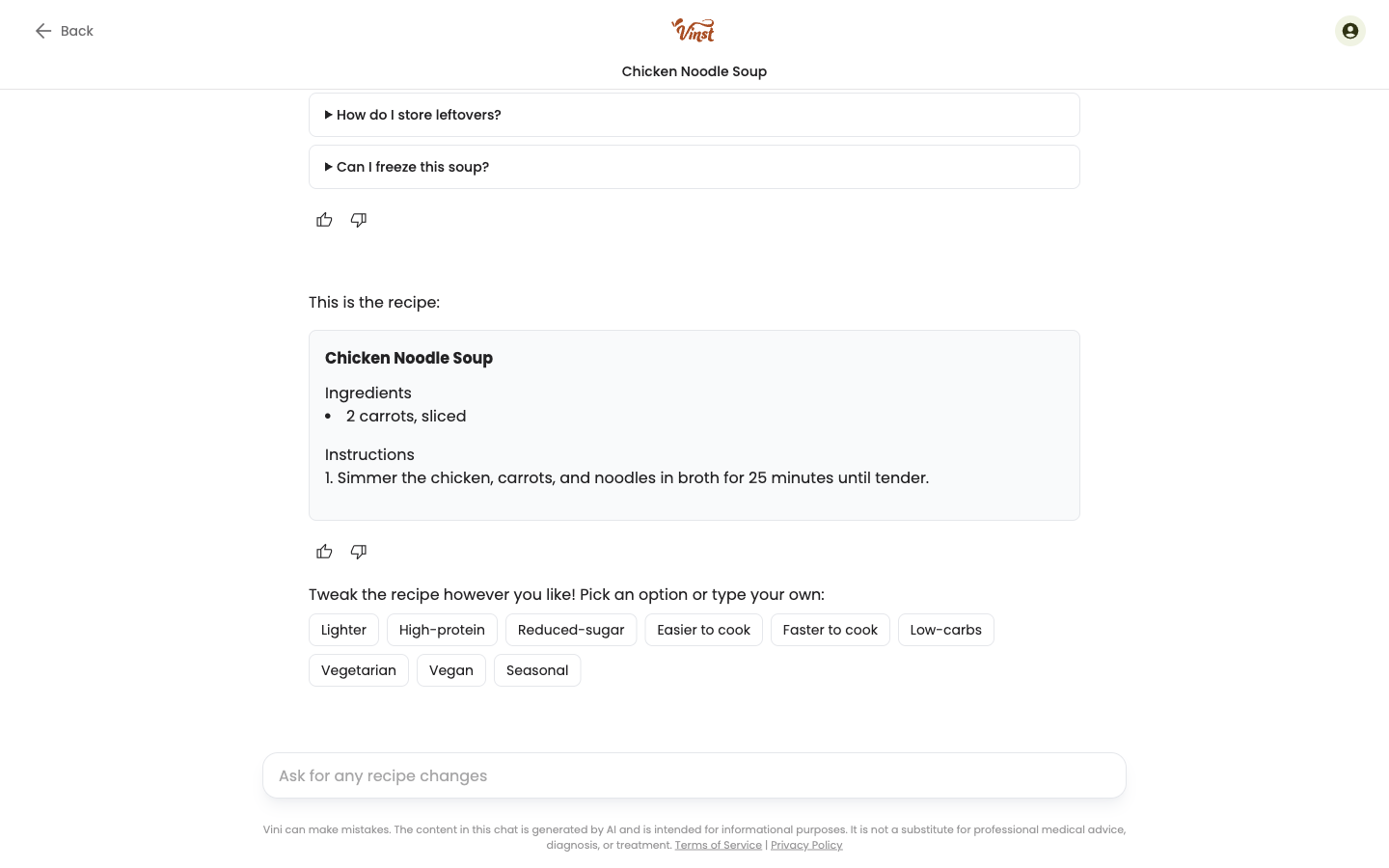 The Tweak with Vini chat, showing suggested tweaks like Lighter, High-protein, and Vegetarian