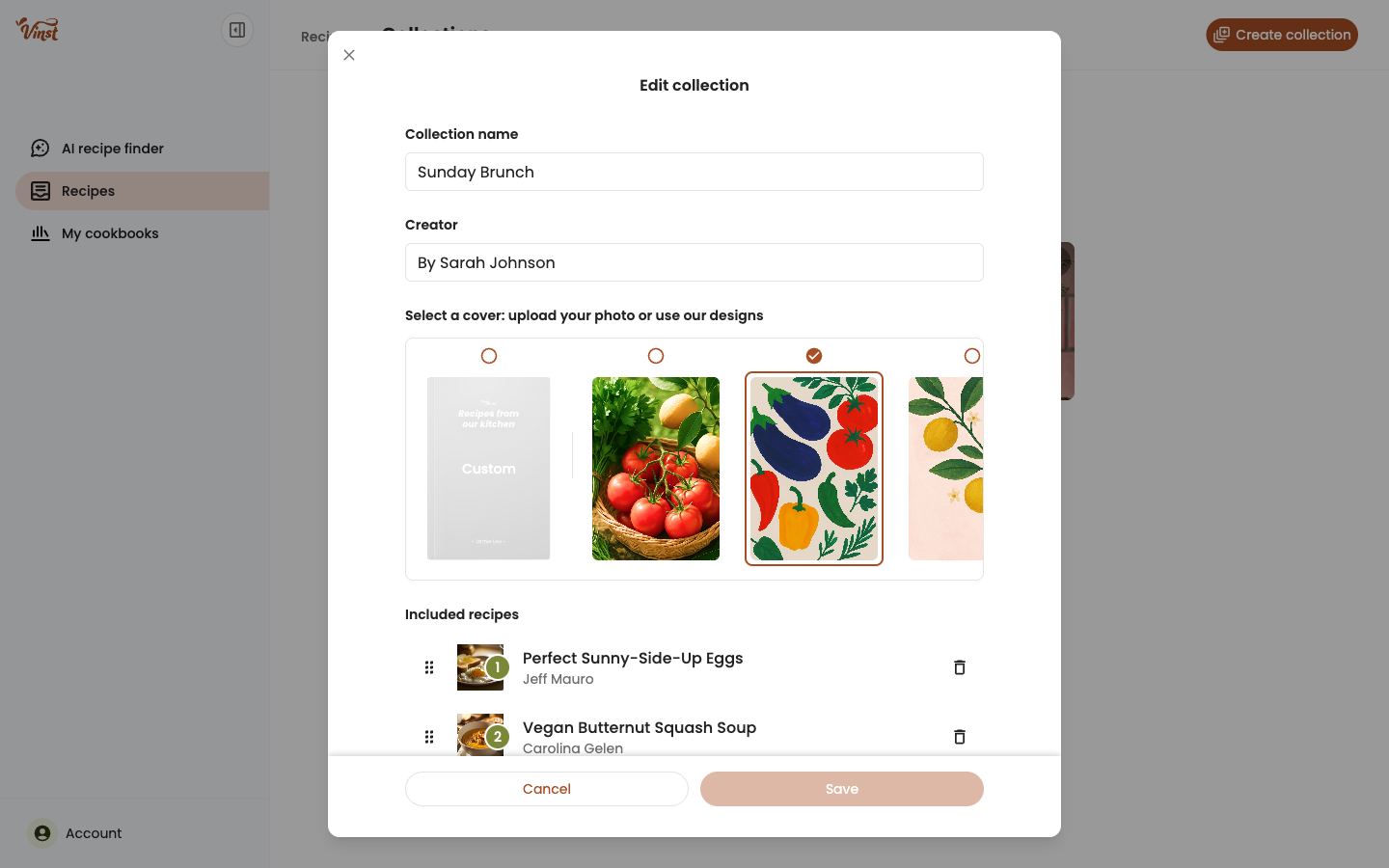 Edit collection modal showing name, creator, cover, and the reorderable recipe list
