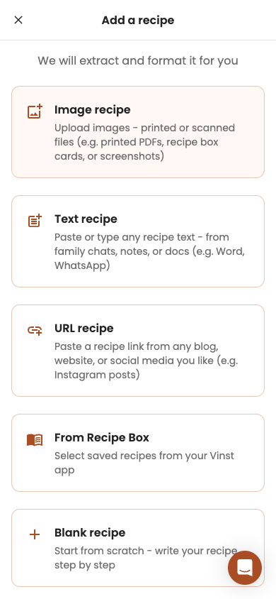 The "Add a recipe" type picker on mobile