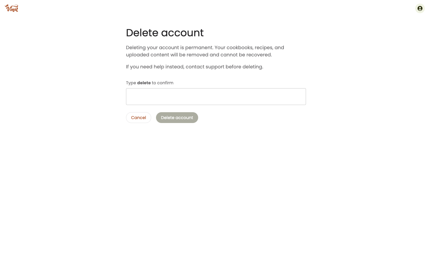 Delete account page with a confirmation field requiring you to type delete