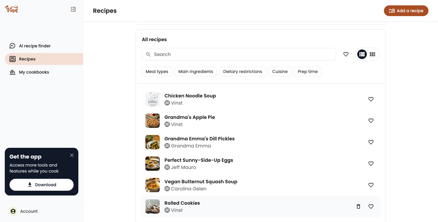 Hovering over a recipe row reveals its delete icon