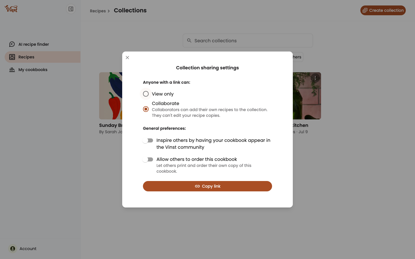 Collection sharing settings modal
